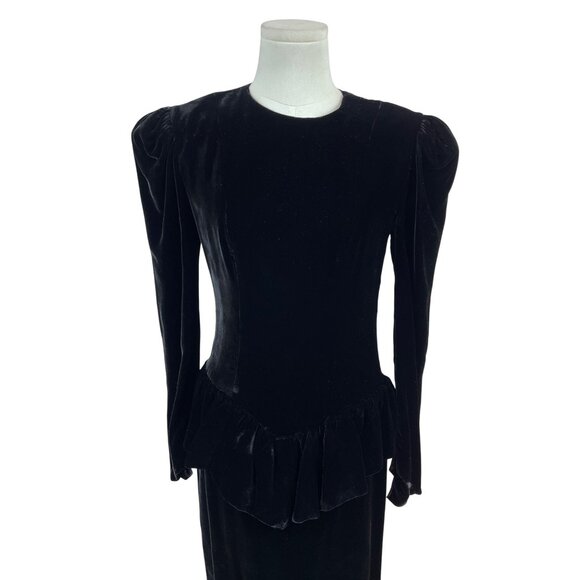 Vtg 80s Wayne Clark Black Velvet Dress With Puff Sleeves & Bow Back Detail Sz 4 - Picture 4 of 9